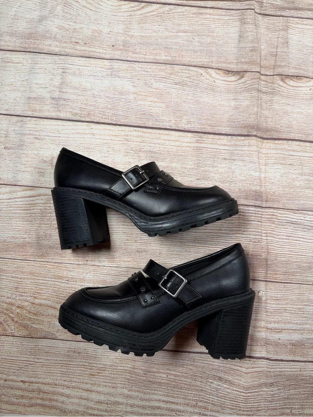 Preppy‎ Academia Classic Black Chunky Heel Lug Sole Loafers with Buckle